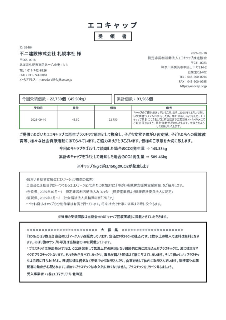 今年度収集したエコキャップを引取していただきました